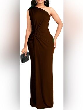 Women's Elegant One-Shoulder Brown Twist-Front Dress XL Brown